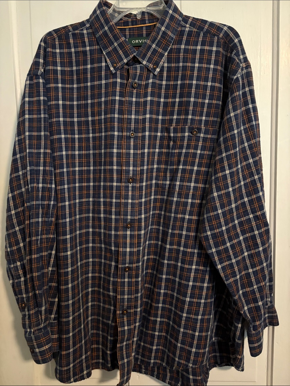 Orvis Navy and Orange Plaid Button-Down Shirt